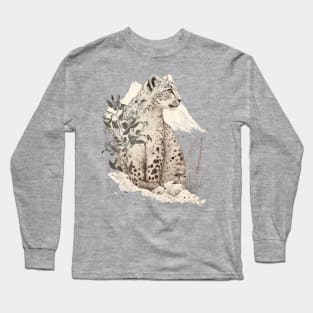 Snow Leopard in the Mountains Vintage Style Illustration Long Sleeve T-Shirt